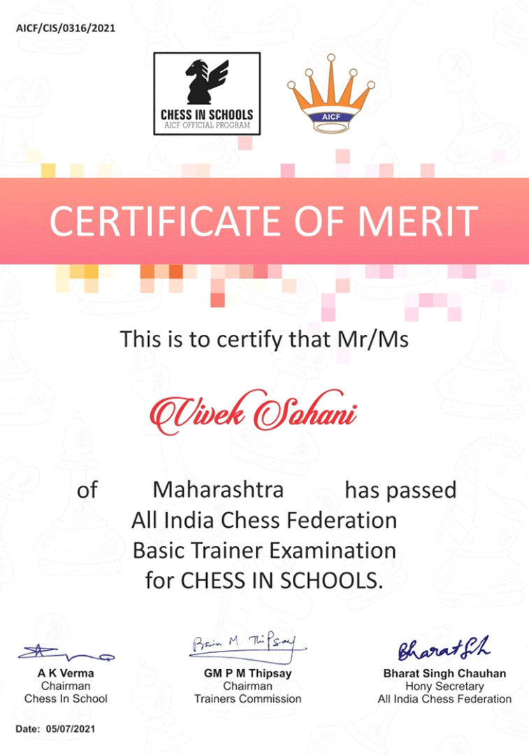 Chess in Schools trainer certificate of Vivek Sohani
