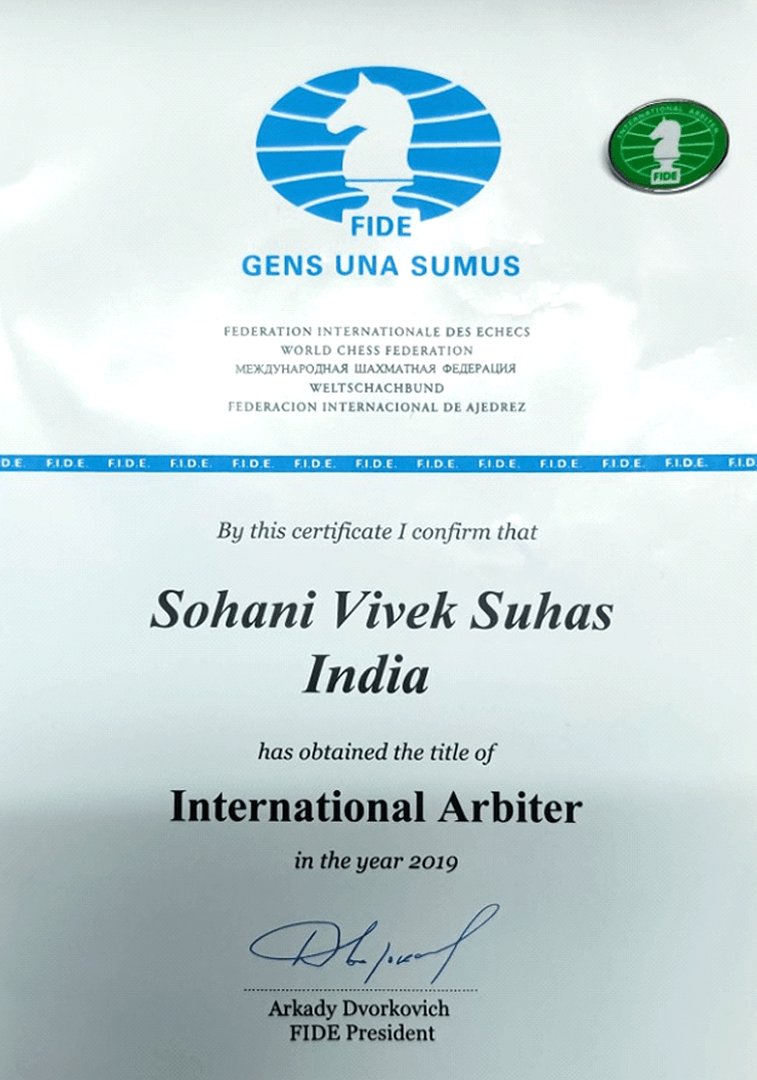 FIDE International Arbiter certificate of Vivek Sohani