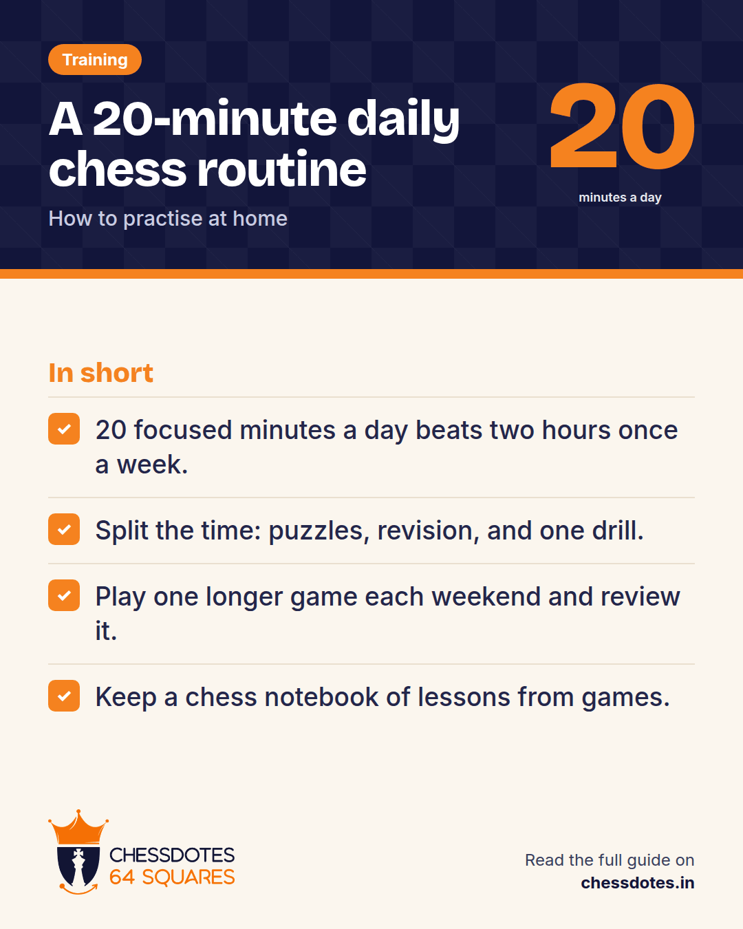 Summary: 20 focused minutes a day beats two hours once a week. Split the time: puzzles, revision, and one drill. Play one longer game each weekend and review it. Keep a chess notebook of lessons from games.