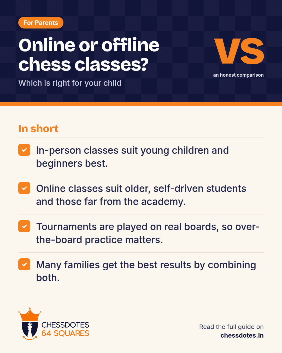 Summary: In-person classes suit young children and beginners best. Online classes suit older, self-driven students and those far from the academy. Tournaments are played on real boards, so over-the-board practice matters. Many families get the best results by combining both.