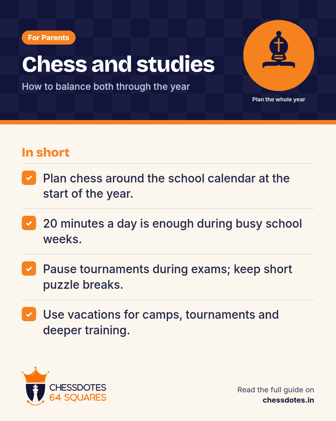 Summary: Plan chess around the school calendar at the start of the year. 20 minutes a day is enough during busy school weeks. Pause tournaments during exams; keep short puzzle breaks. Use vacations for camps, tournaments and deeper training.