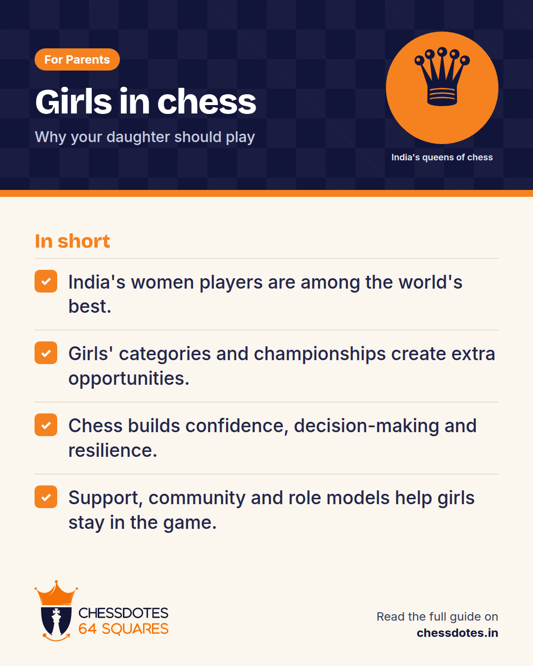 Summary: India's women players are among the world's best. Girls' categories and championships create extra opportunities. Chess builds confidence, decision-making and resilience. Support, community and role models help girls stay in the game.