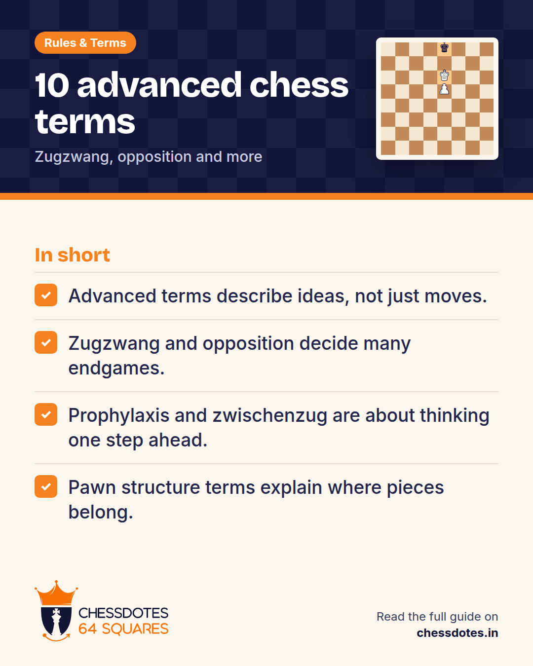 Summary: Advanced terms describe ideas, not just moves. Zugzwang and opposition decide many endgames. Prophylaxis and zwischenzug are about thinking one step ahead. Pawn structure terms explain where pieces belong.